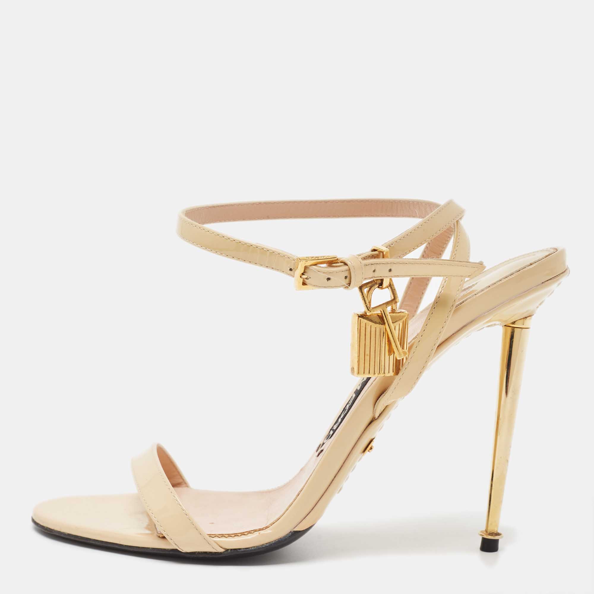 Tom Ford Cream Patent Leather Padlock Ankle Strap Sandals Size 39