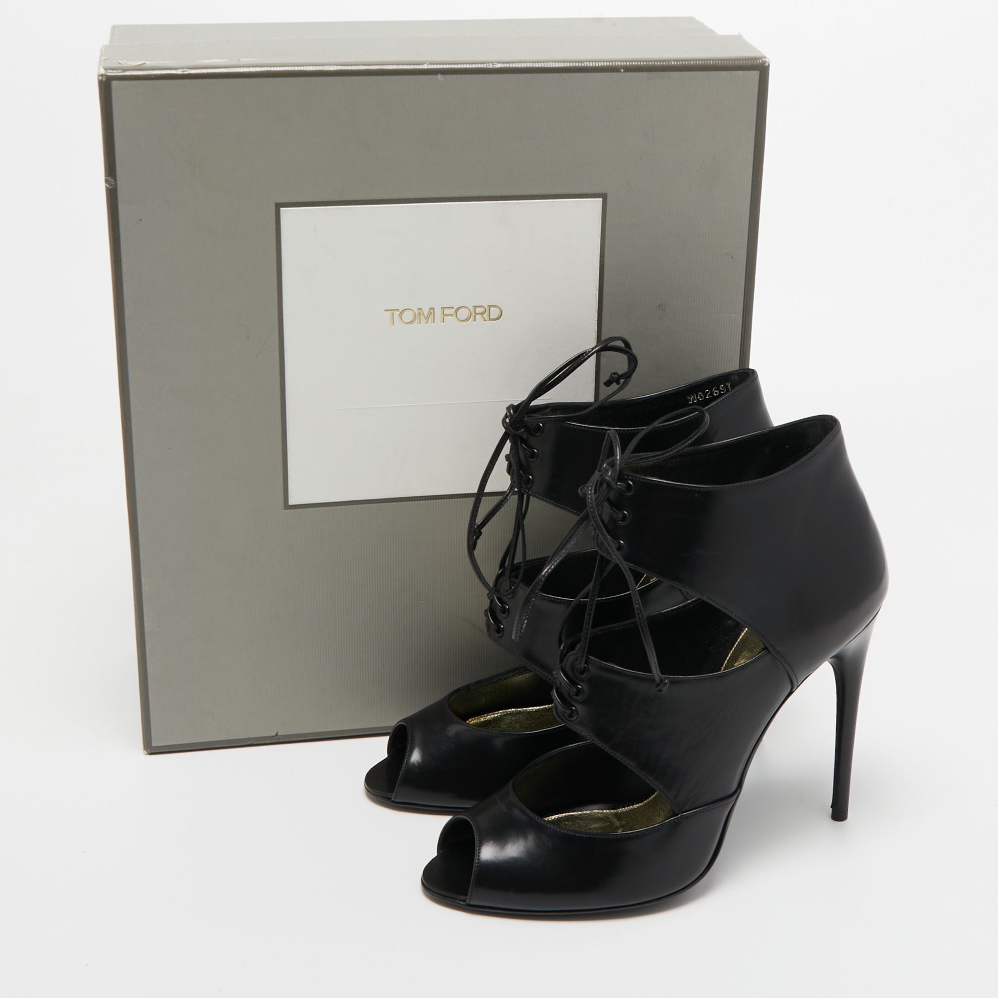 Tom Ford Black Leather Peep Toe Ankle Booties Size 39.5