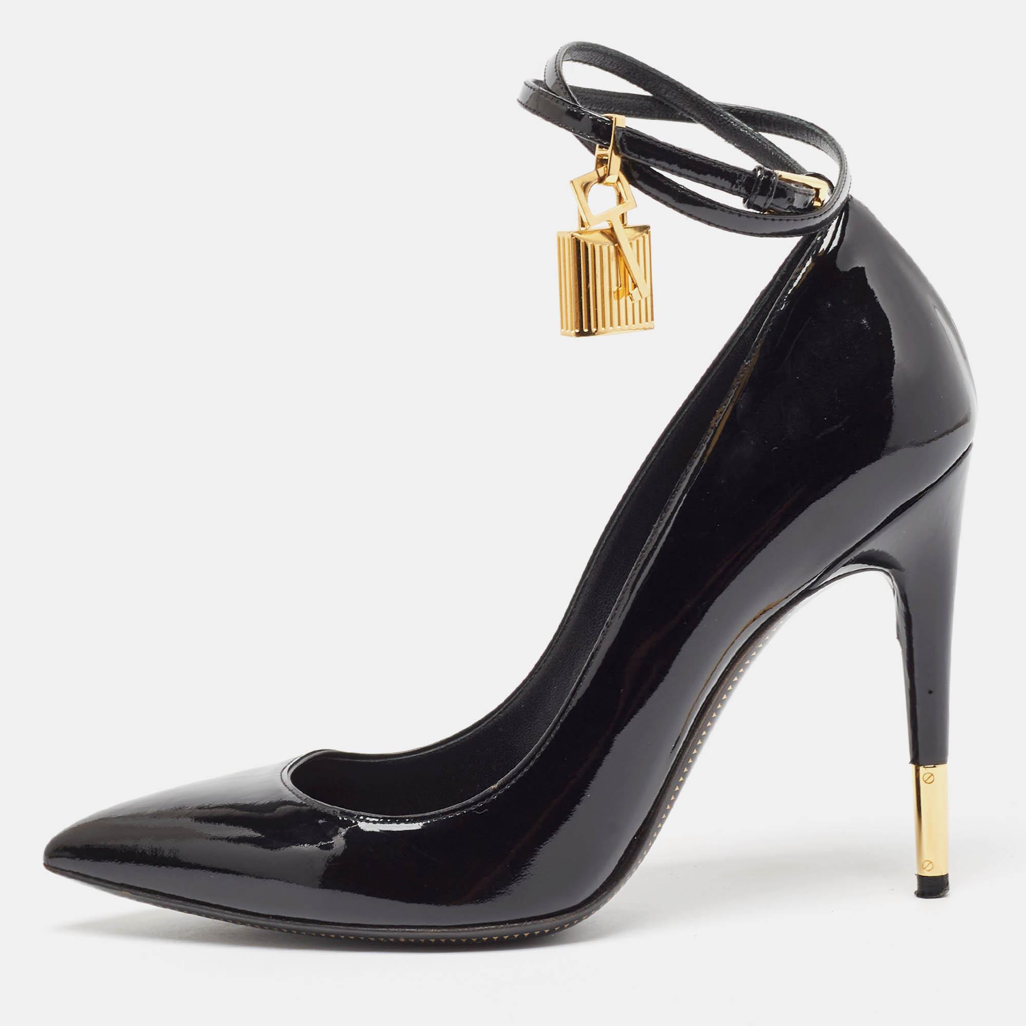 Tom ford black patent leather padlock ankle wrap pumps size 38