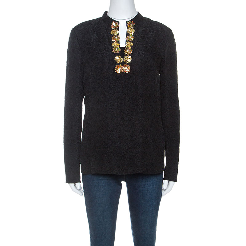 Tory Burch Black Embossed Silk Embellished Tunic Top M