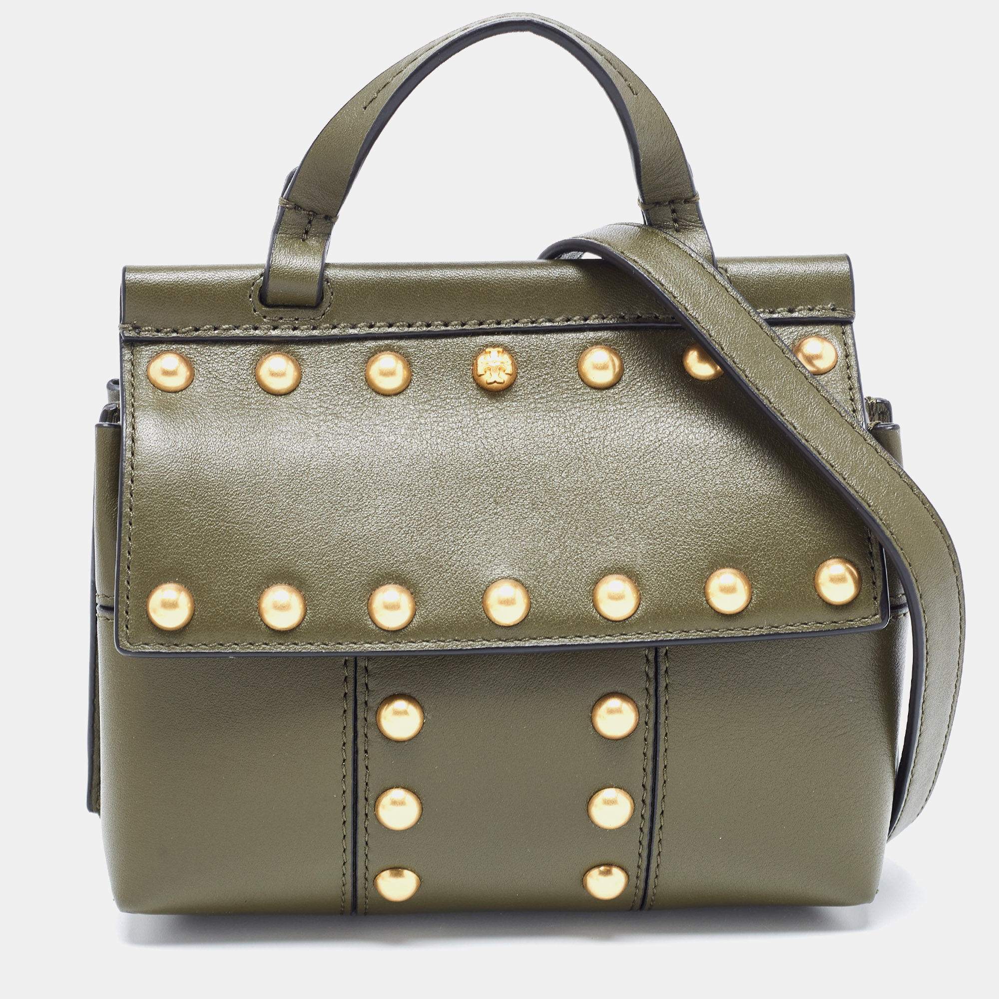 Tory Burch Olive Green Leather Mini Block T-Stud Top Handle Bag