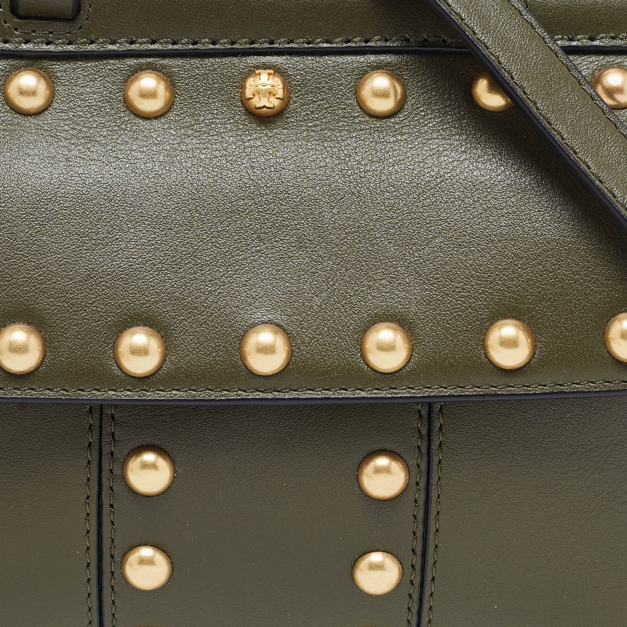 Tory Burch Olive Green Leather Mini Block T-Stud Top Handle Bag