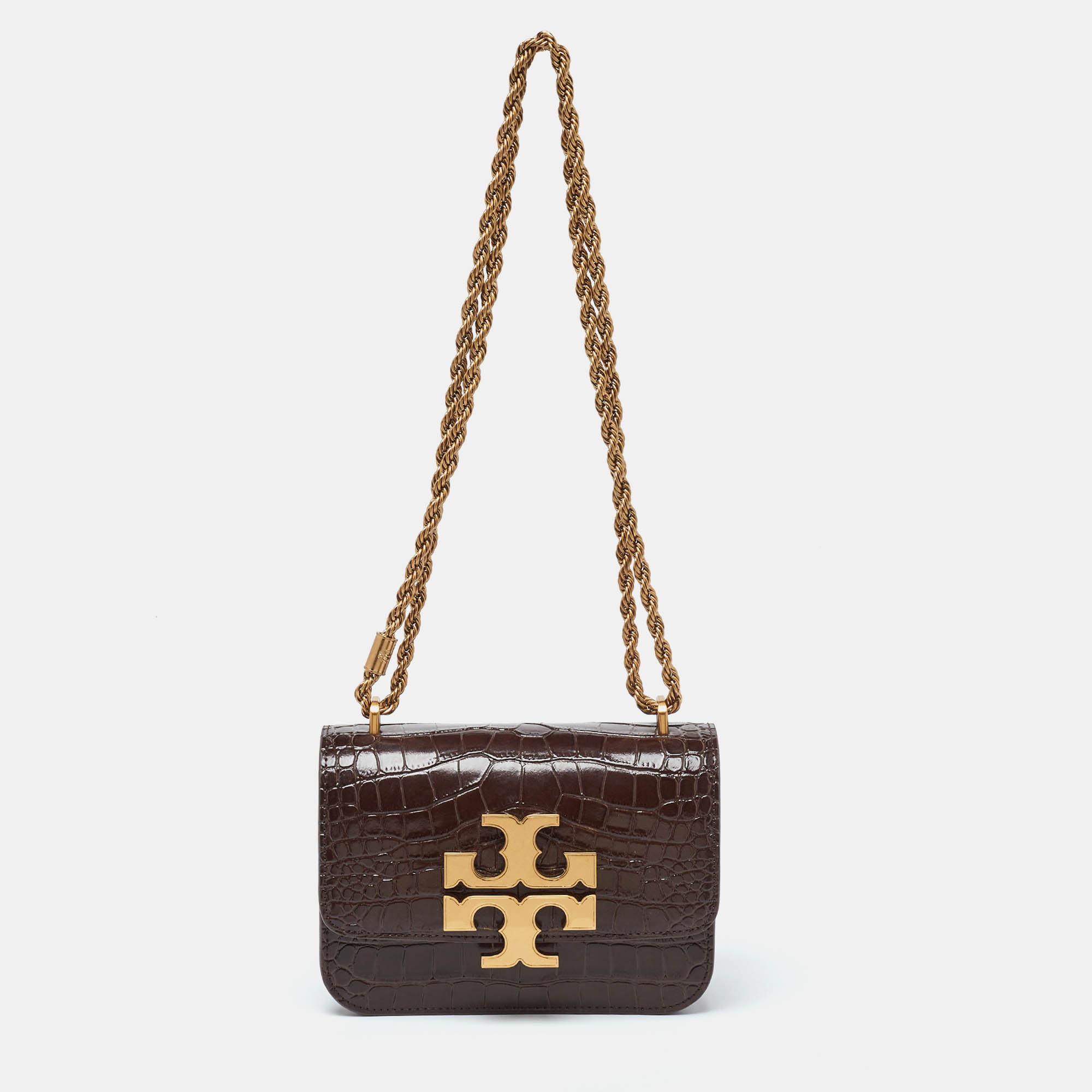 Tory burch brown croc embossed leather small eleanor shoulder bag