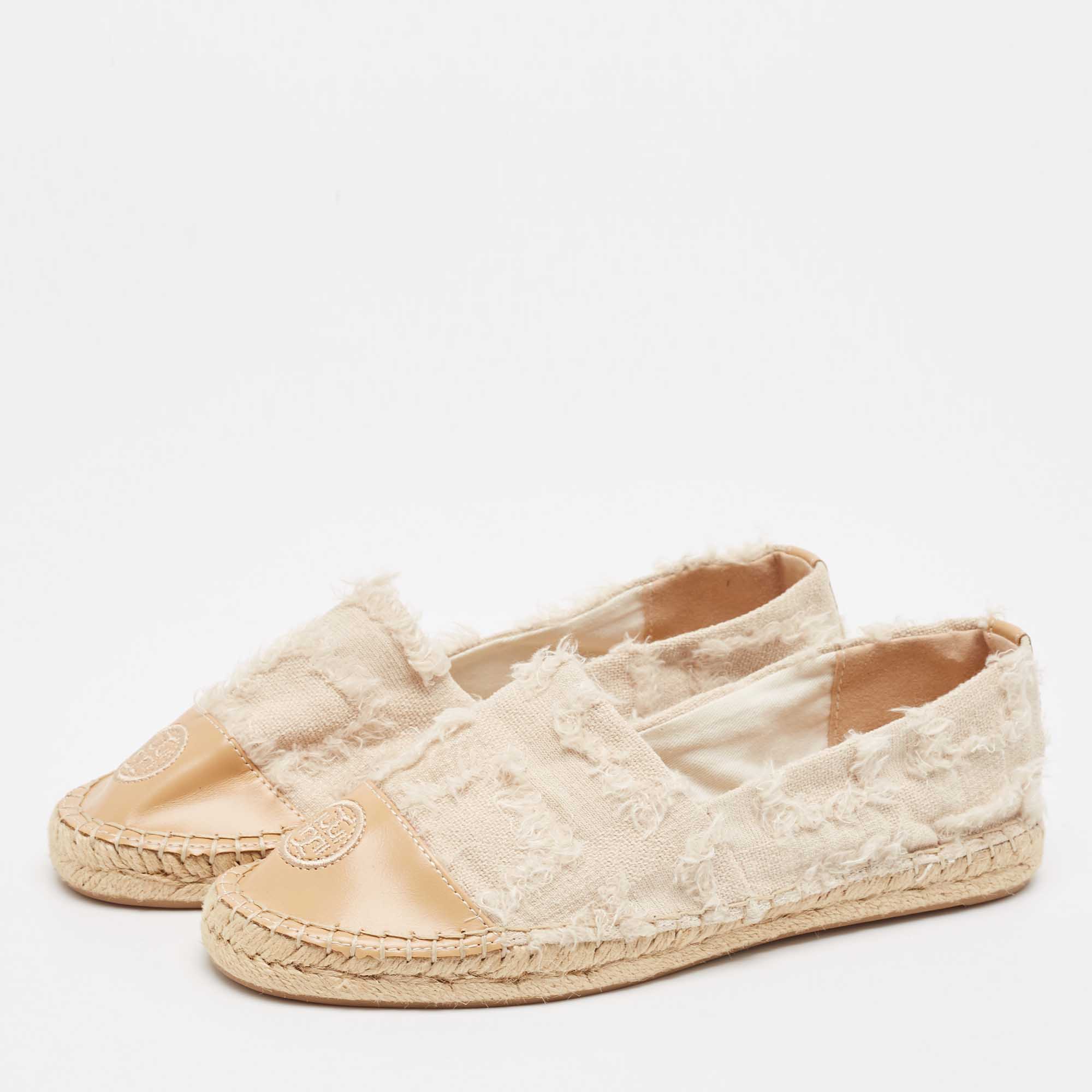 Tory Burch Two Tone Fabric And Leather Espadrille Flats Size 39.5