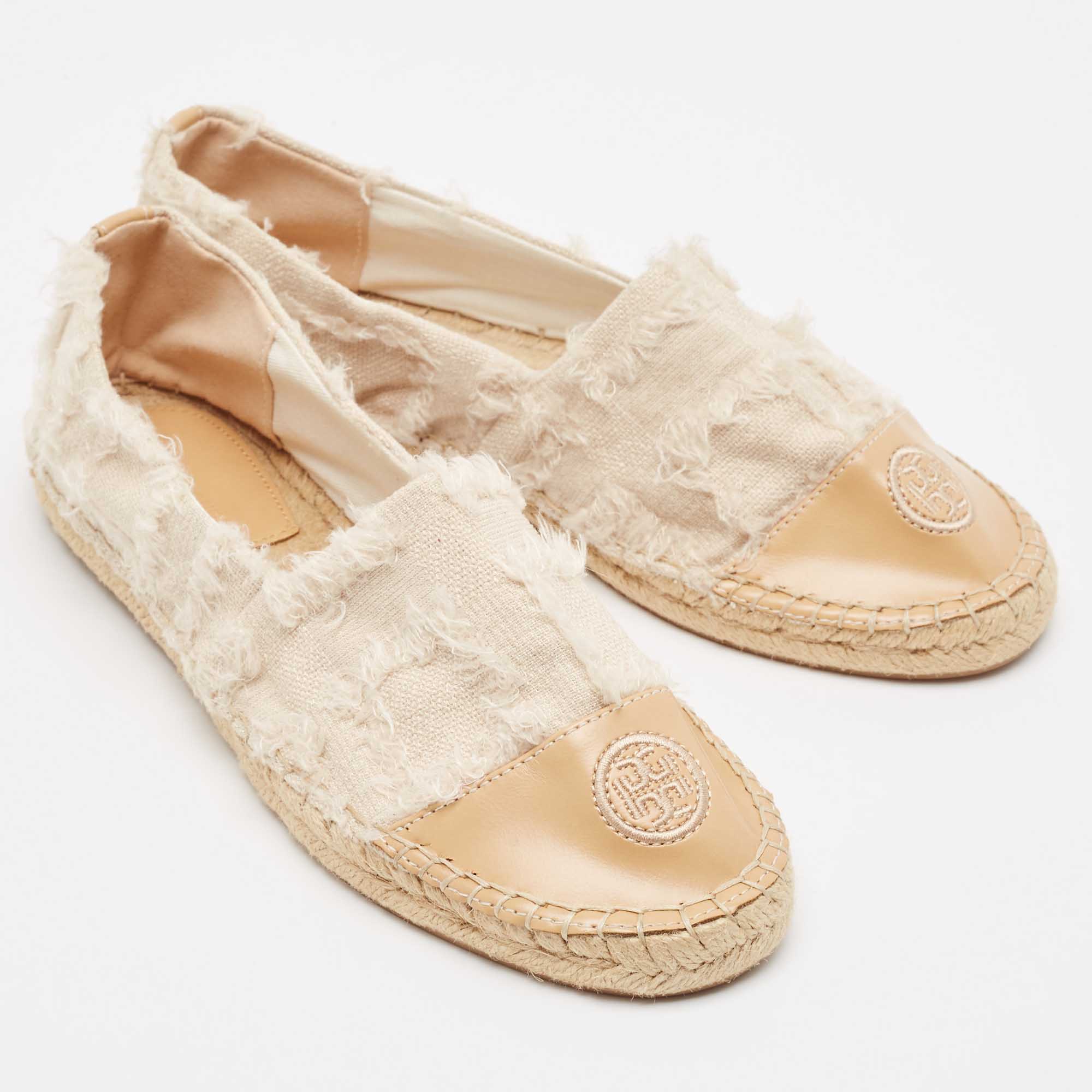 Tory Burch Two Tone Fabric And Leather Espadrille Flats Size 39.5