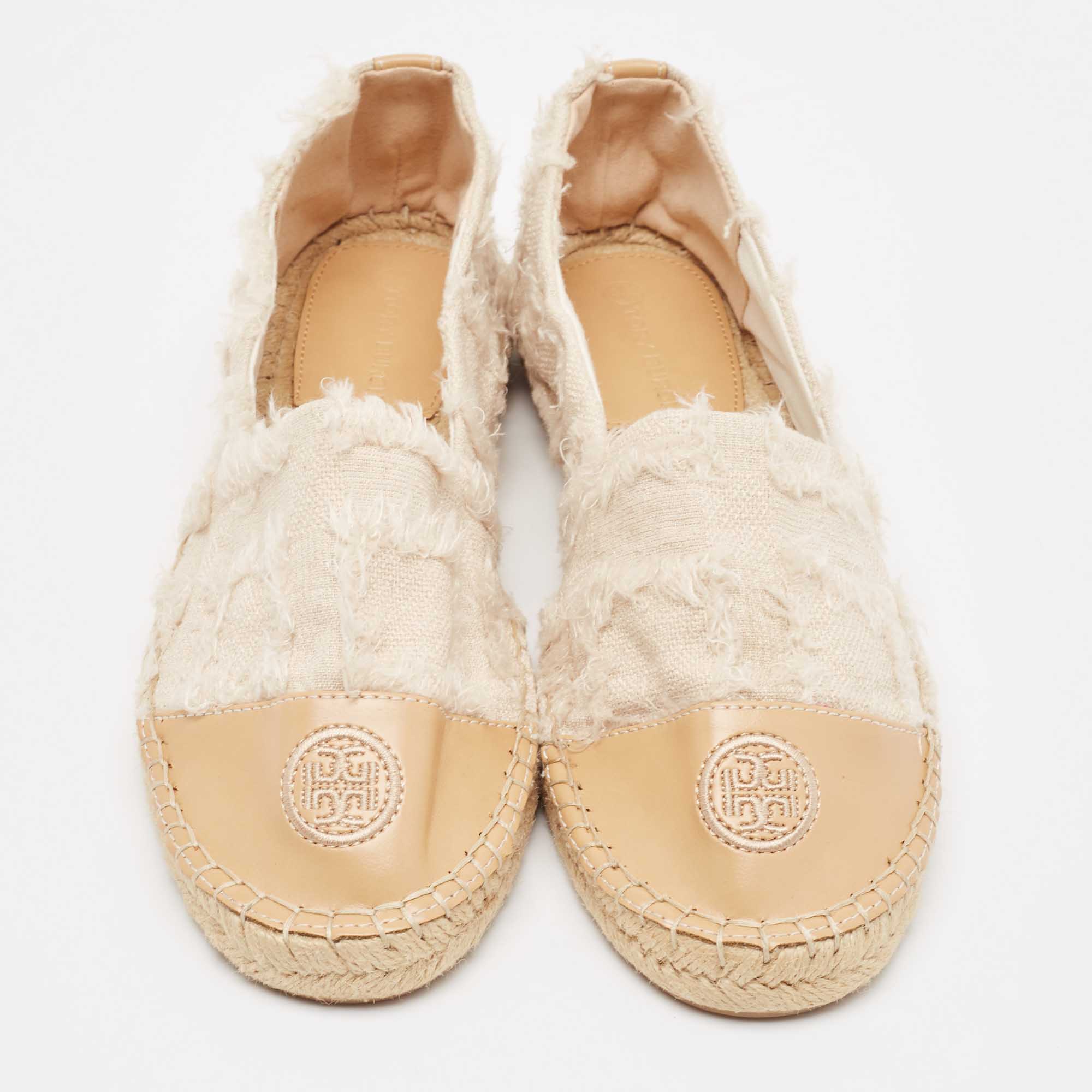 Tory Burch Two Tone Fabric And Leather Espadrille Flats Size 39.5