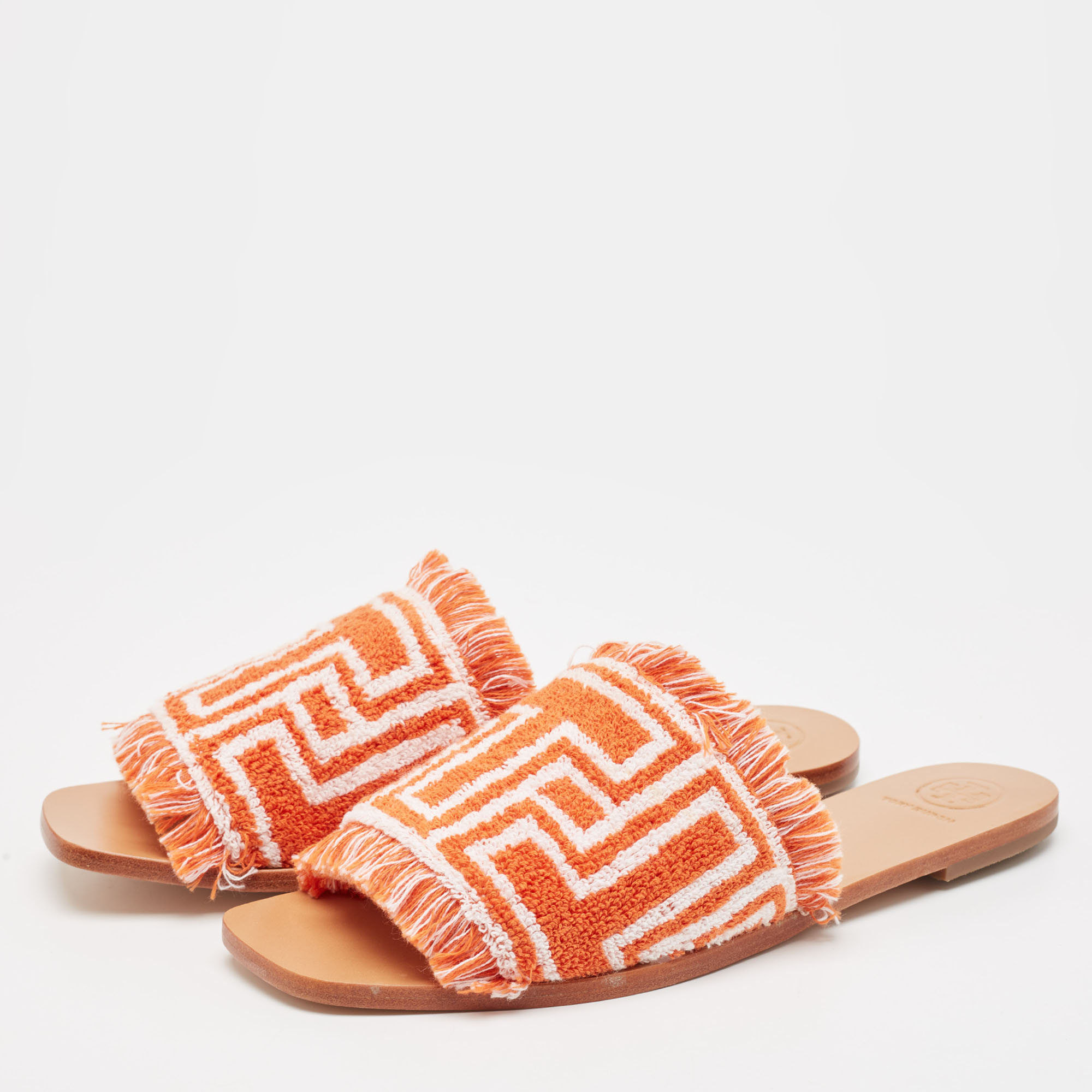 Tory Burch Orange/White Terry Cloth Flat Slides Size 39