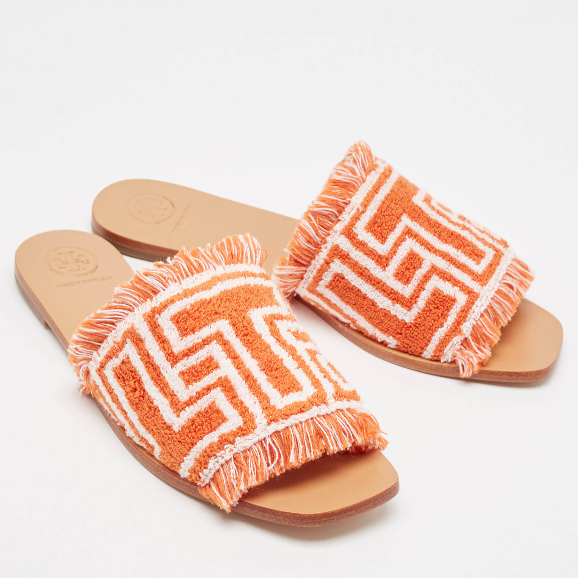 Tory Burch Orange/White Terry Cloth Flat Slides Size 39