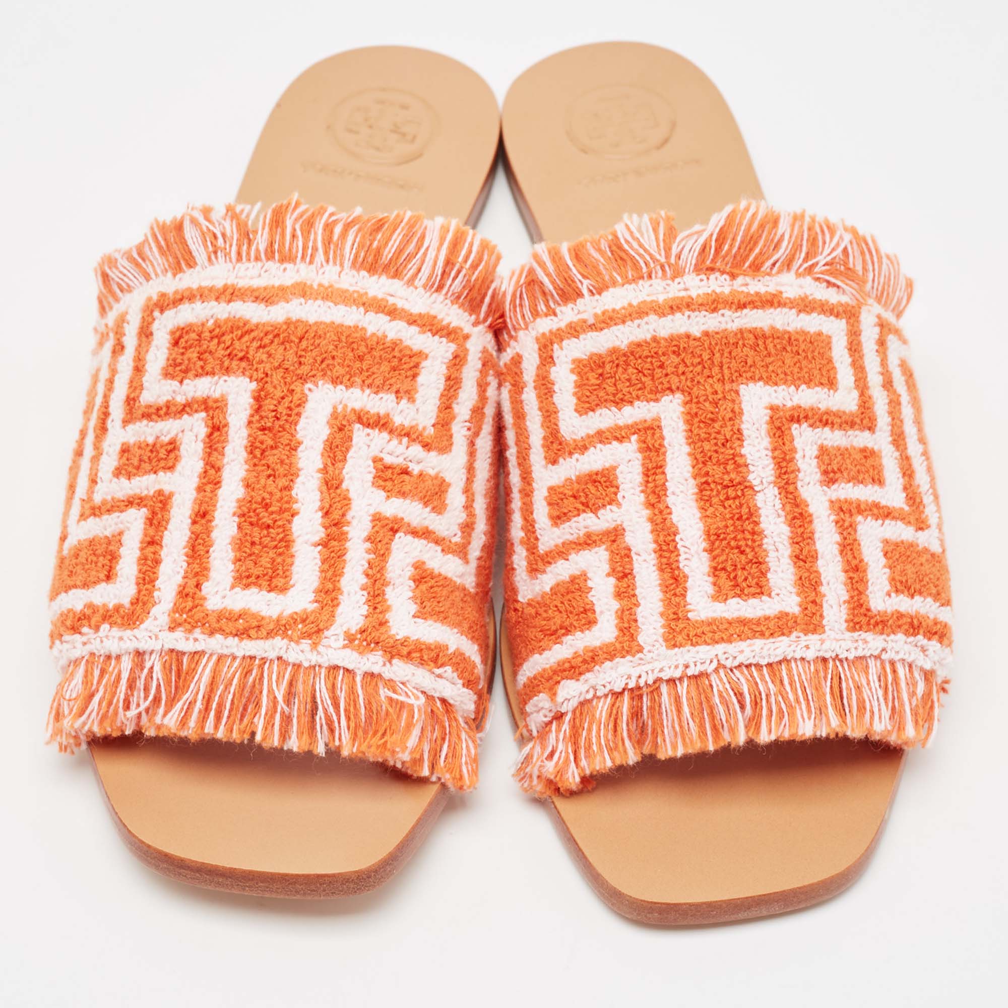 Tory Burch Orange/White Terry Cloth Flat Slides Size 39