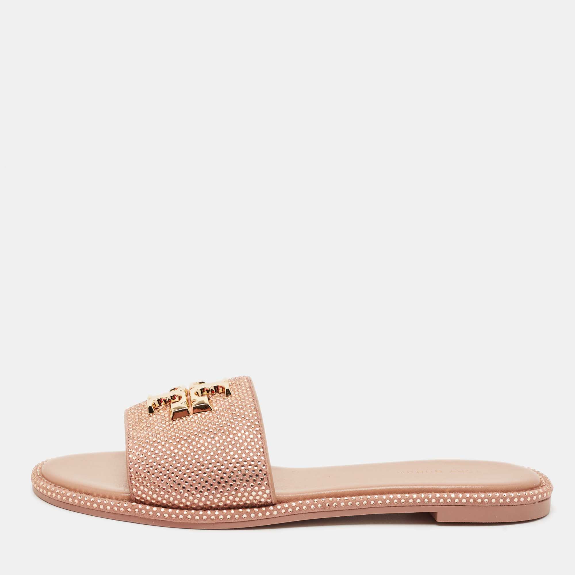 Tory Burch Beige Suede Everly Crystals Flat Slides Size 37 - Tory Burch - Modalova