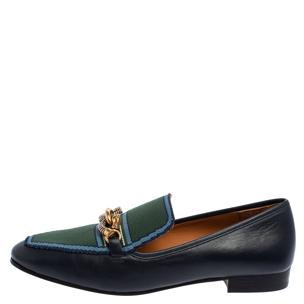 

Tory Burch Navy Blue/Green Leather And Knit Jessa Loafers Size