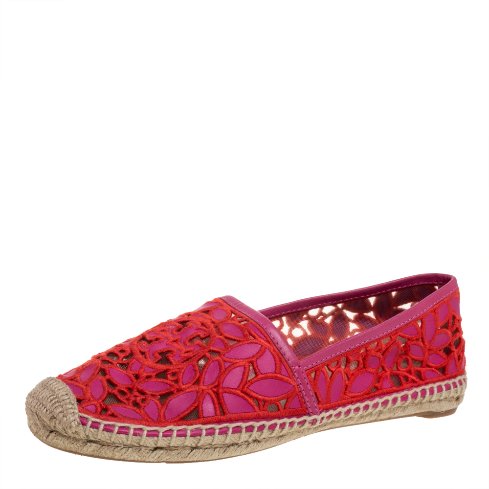 Image of Tory Burch Pink Cotton Lace and Leather Jackie Espadrilles Size
