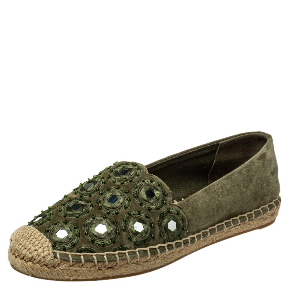Tory Burch Green Suede Embellished Espadrille Flats Size 35
