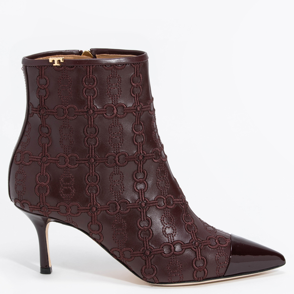 Tory Burch Brown Leather Penelope Embroidered Link Boots Size EU 37.5
