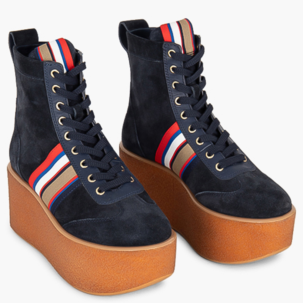 Tory Burch Blue Leather Striped High-Top Platform Sneakers Size EU 
Tory Burch Blue Leather Striped High-Top Platform Sneakers Size EU