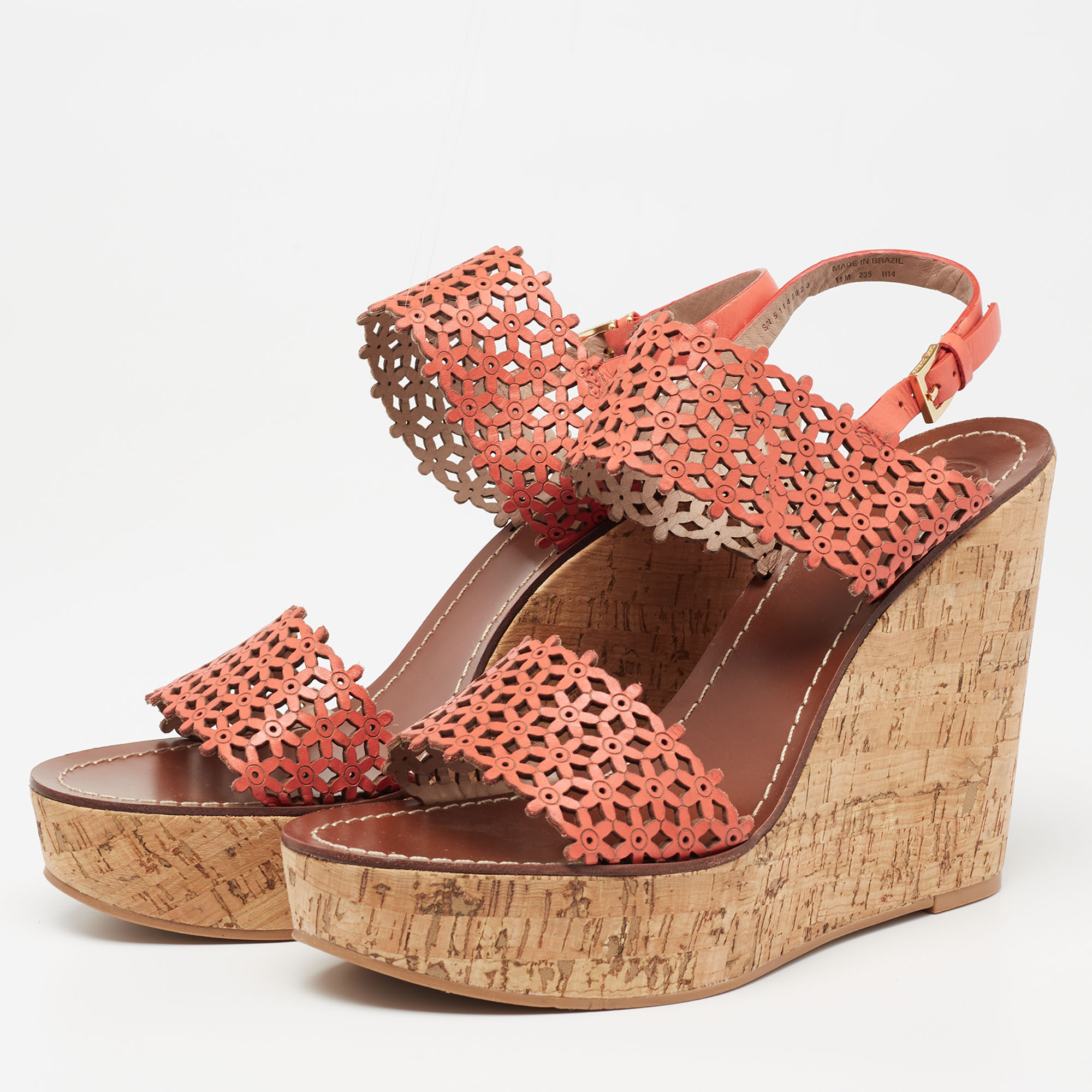 

Tory Burch Coral Red Perforated Leather Daisy Cork Wedge Sandals Size, Orange