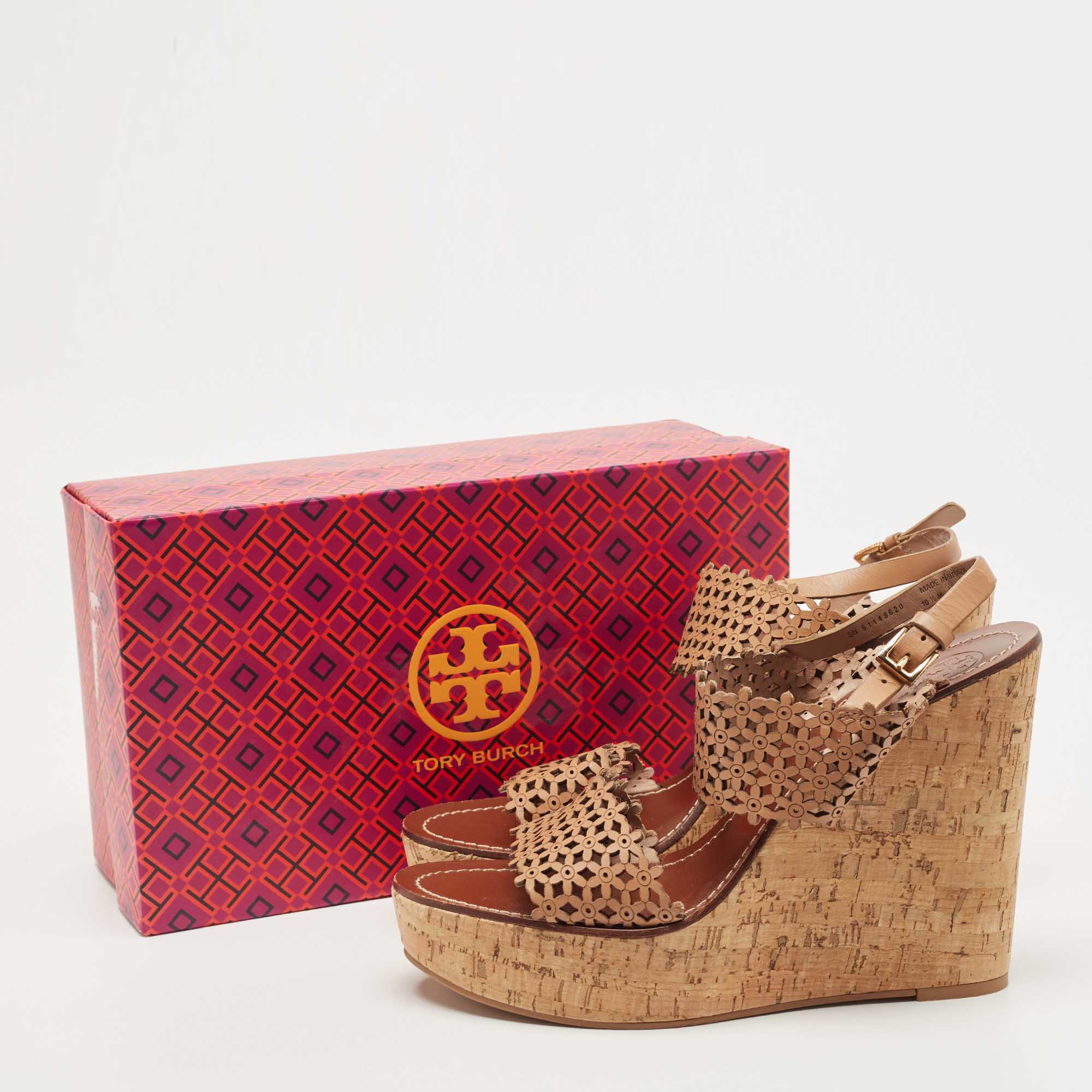 Tory Burch Brown Leather Daisy Wedge Sandals Size 40.5