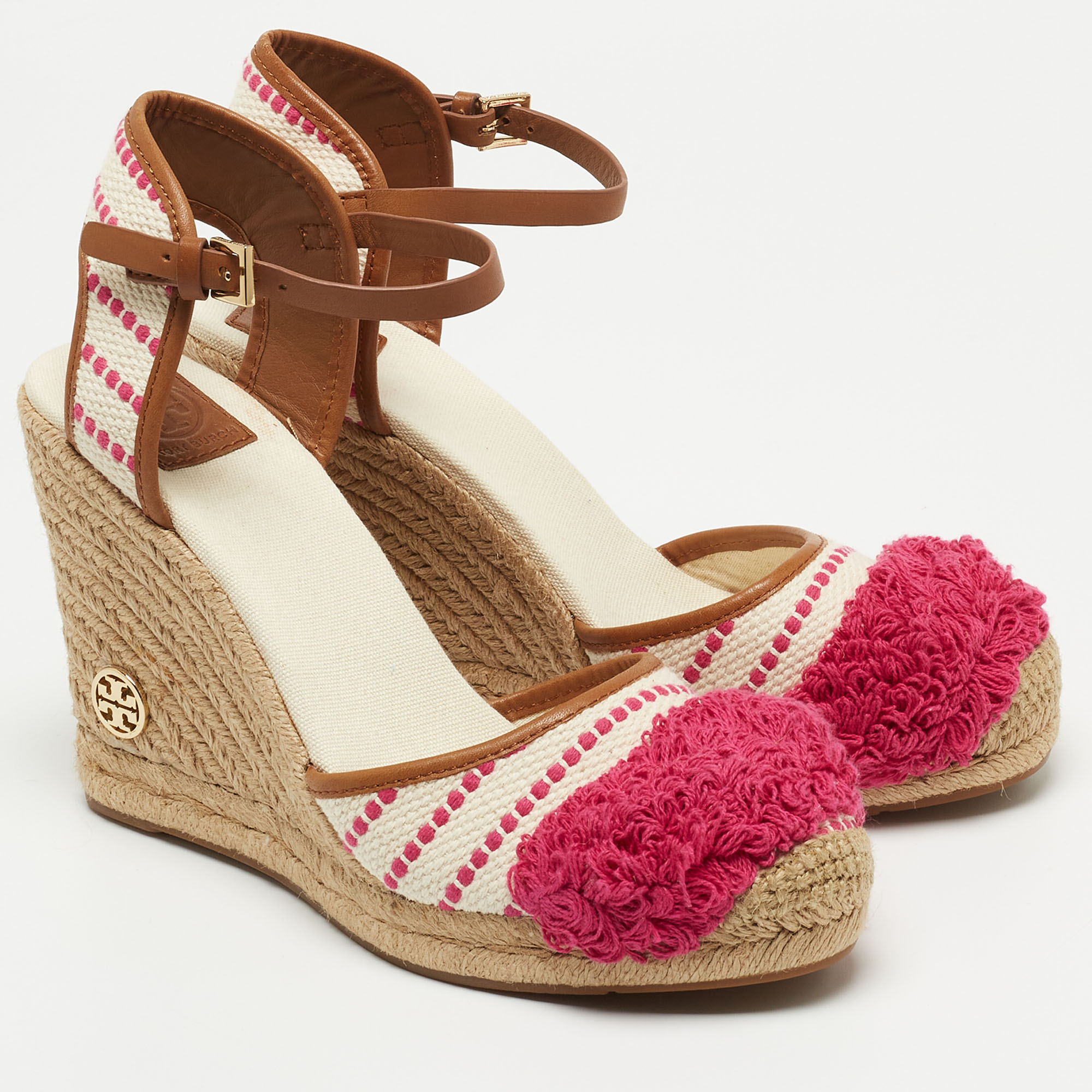 Tory Burch Pink/White  Canvas And Leather Espadrille Wedge Platform Ankle Strap Sandals Size 41