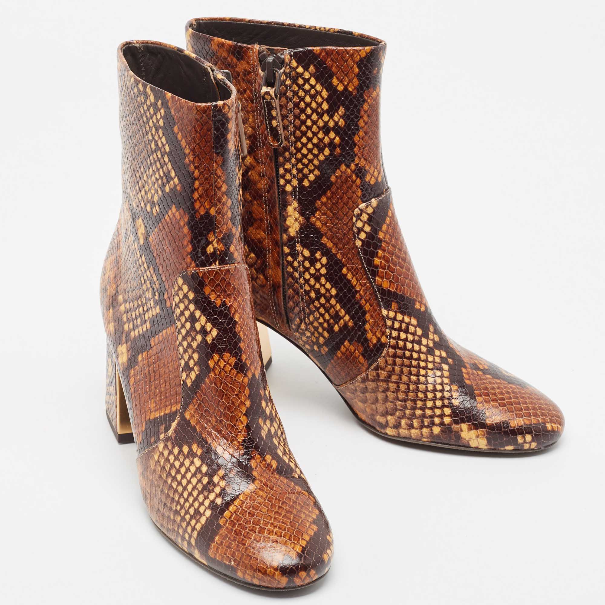 Tory Burch Brown Python Embossed Leather Ankle Boots Size 37.5
