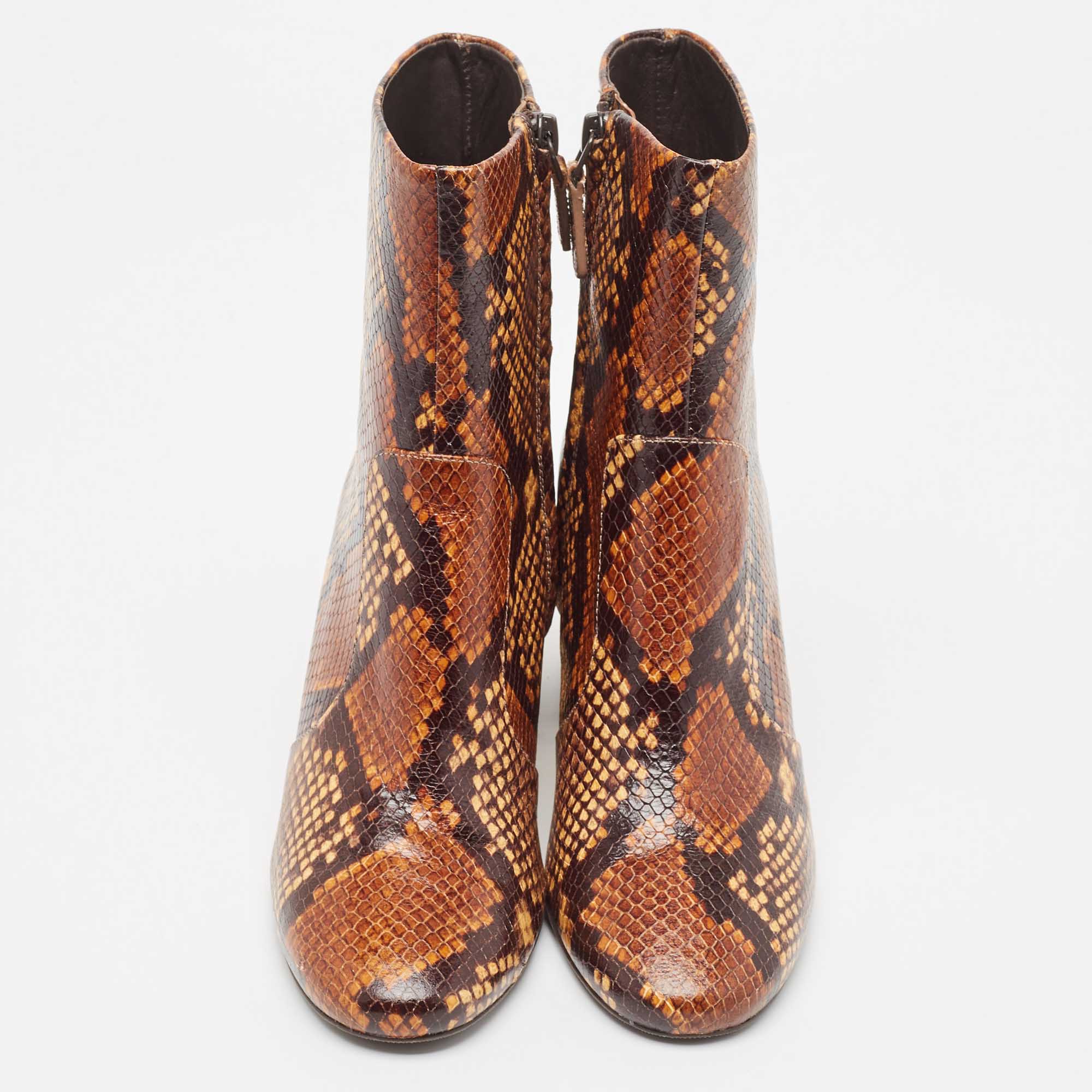 Tory Burch Brown Python Embossed Leather Ankle Boots Size 37.5