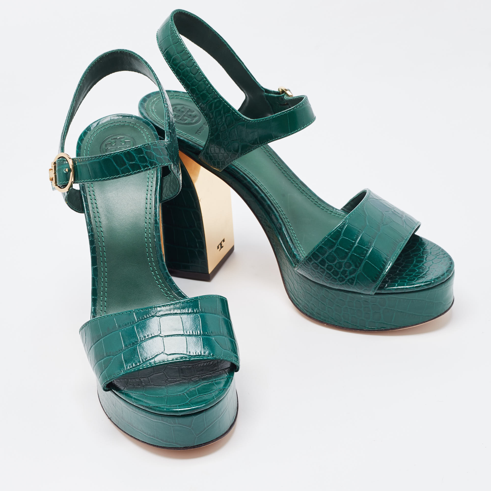 Tory Burch Green Croc Embossed Leather Martine Platform Sandals Size 40
