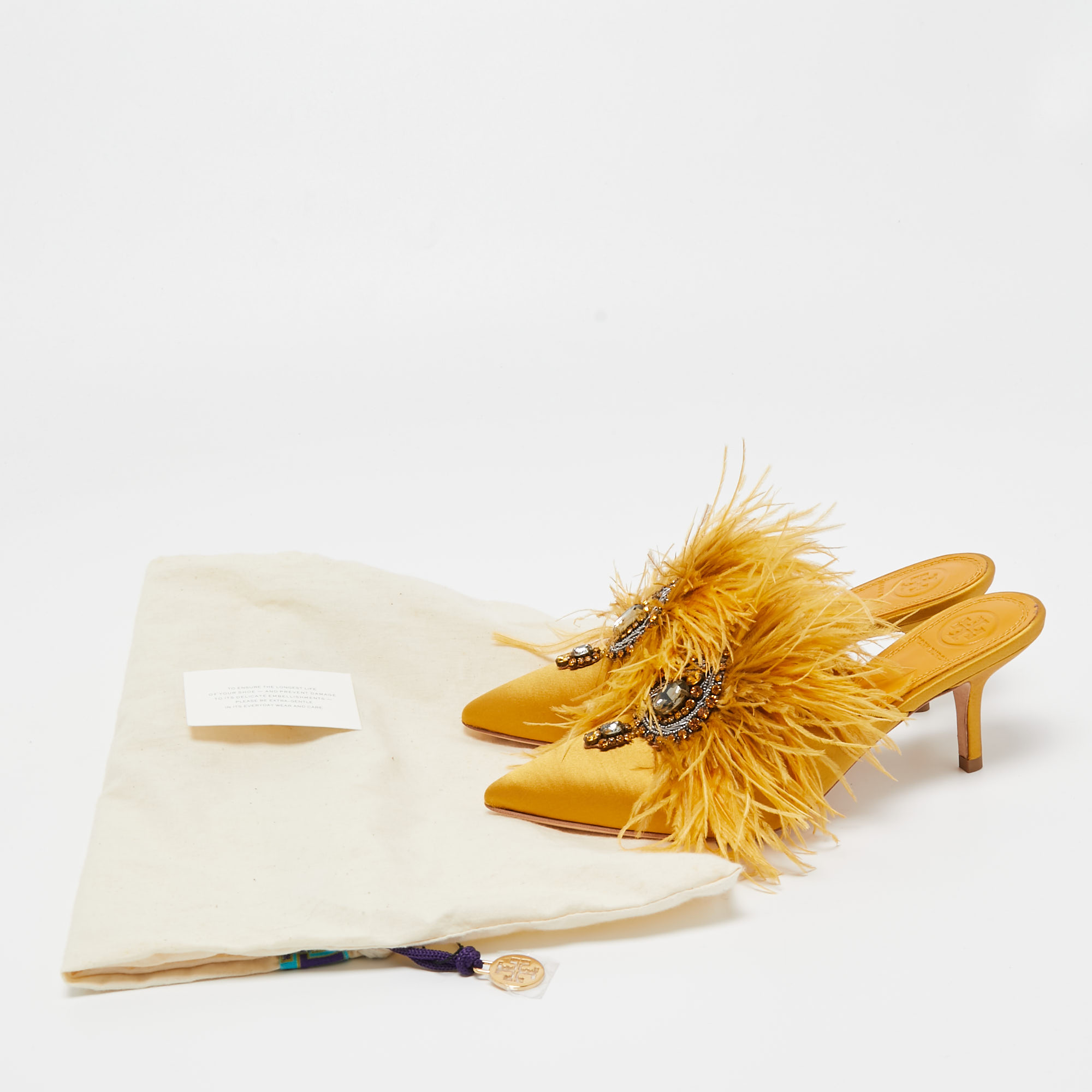 Tory Burch Mustard Yellow Satin And Feather Elodie Embellished Mules Size 36.5