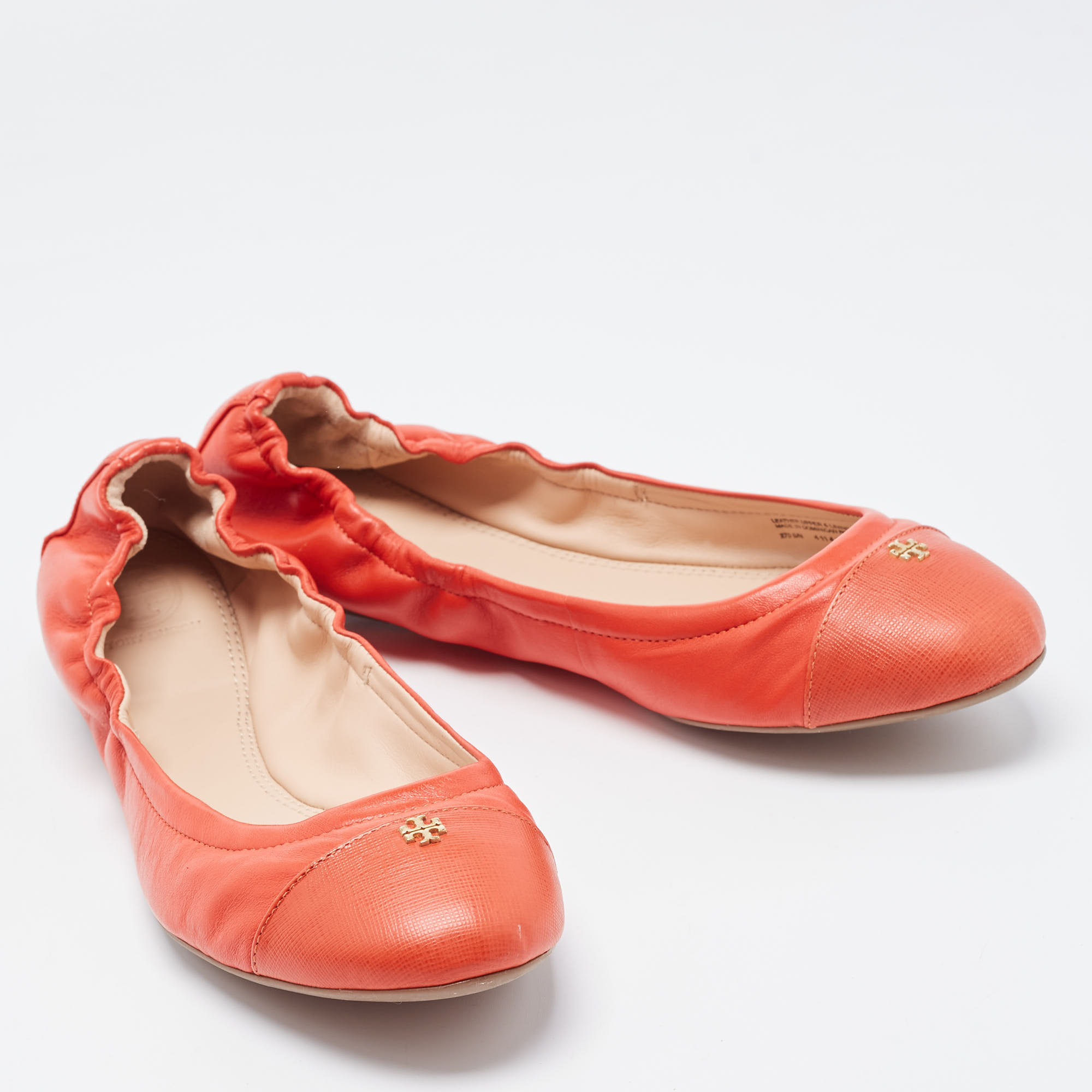 Tory Burch Orange Leather York Scrunch Ballet Flats Size 41