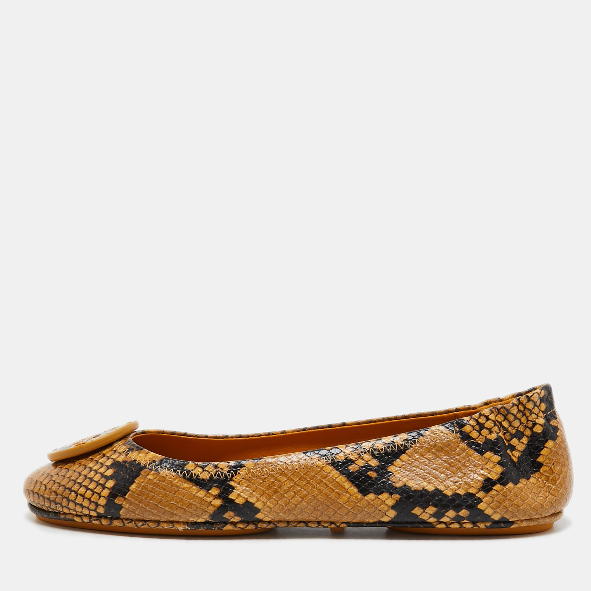 Tory Burch Yellow/Brown Python Embossed Minnie Ballet Flats Size 39.5