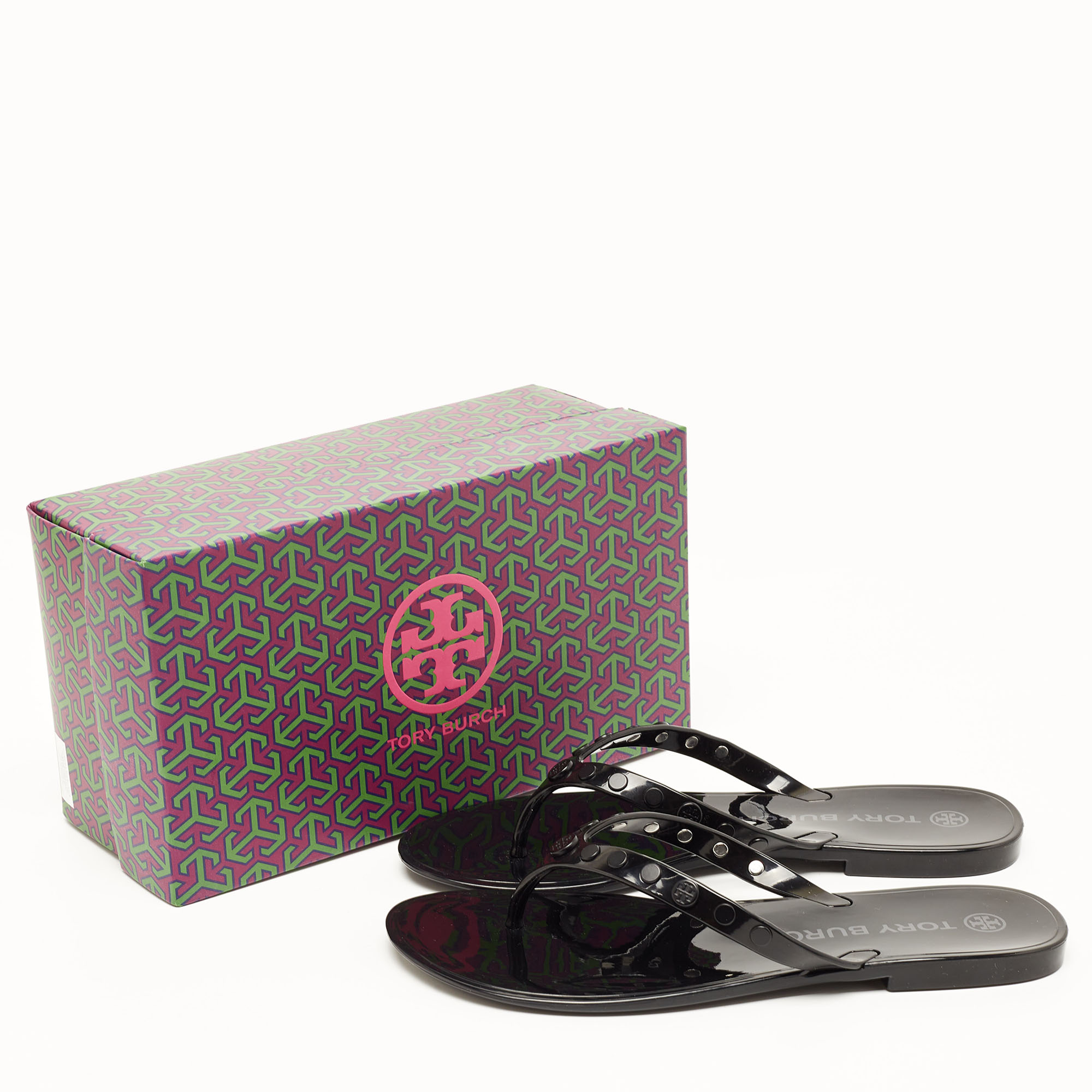Tory Burch Black Rubber Studded Thong Flats Size 38.5