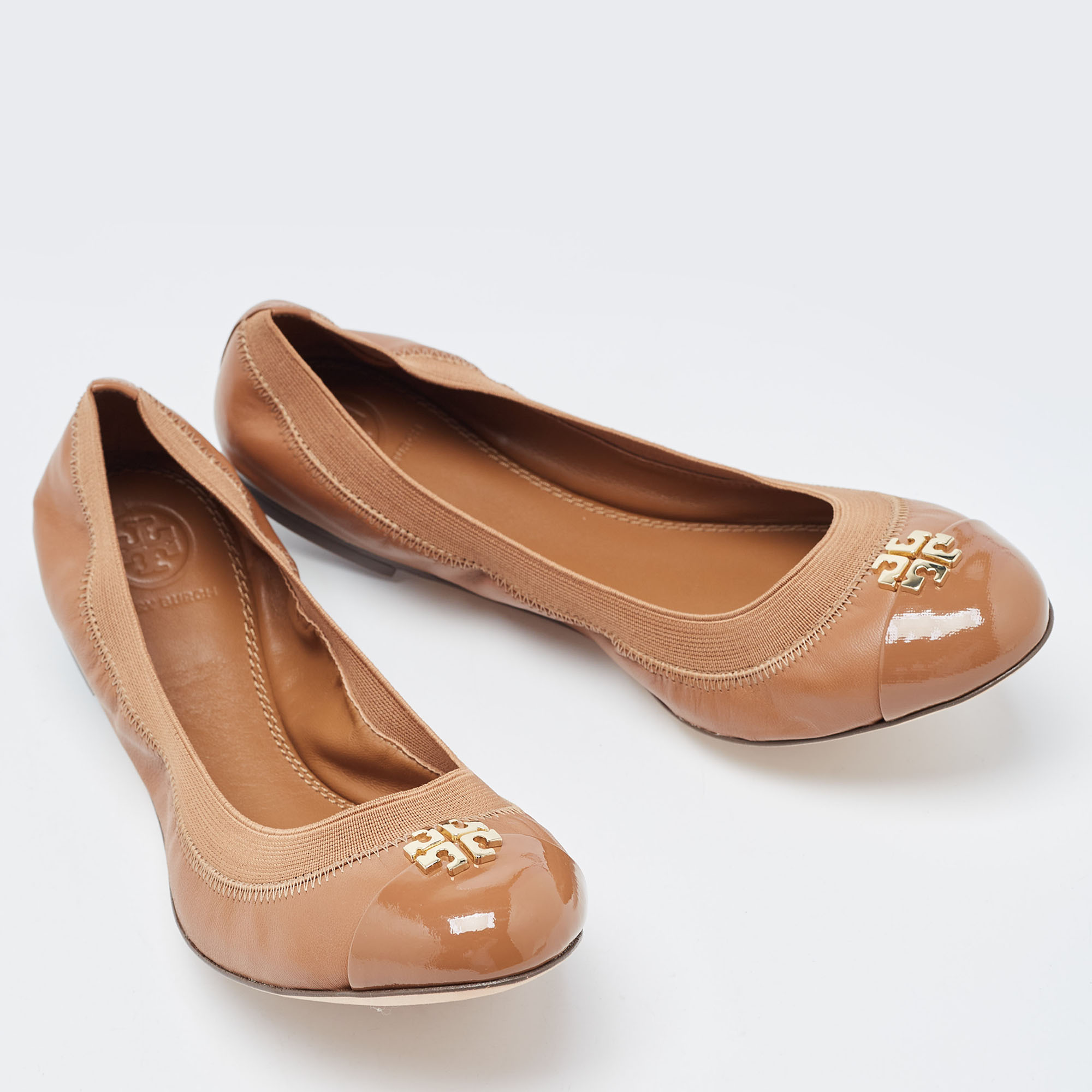 Tory Burch Brown Patent And Leather Jolie Scrunch Ballet Flats Size 39.5