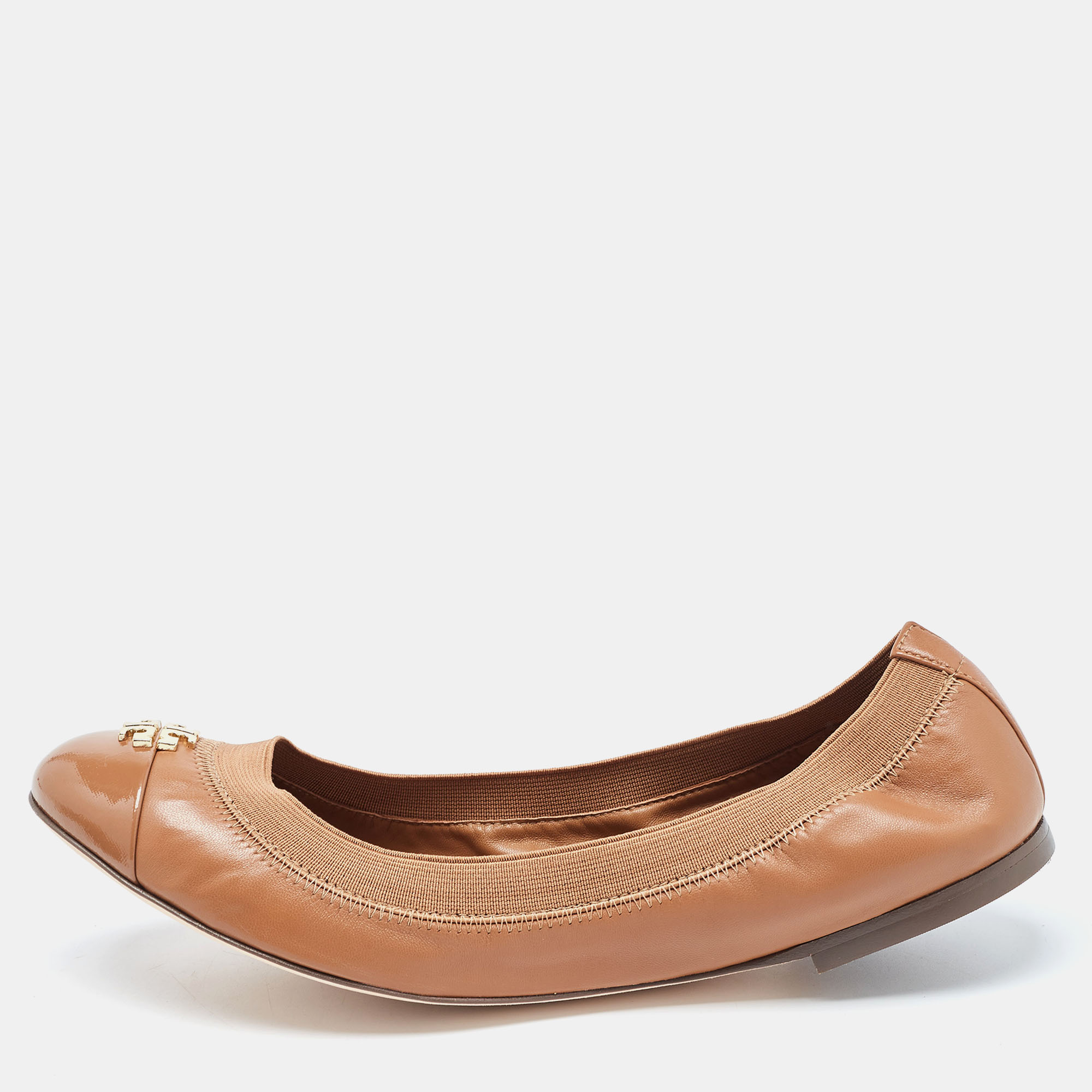 Tory Burch Brown Patent And Leather Jolie Scrunch Ballet Flats Size 39.5