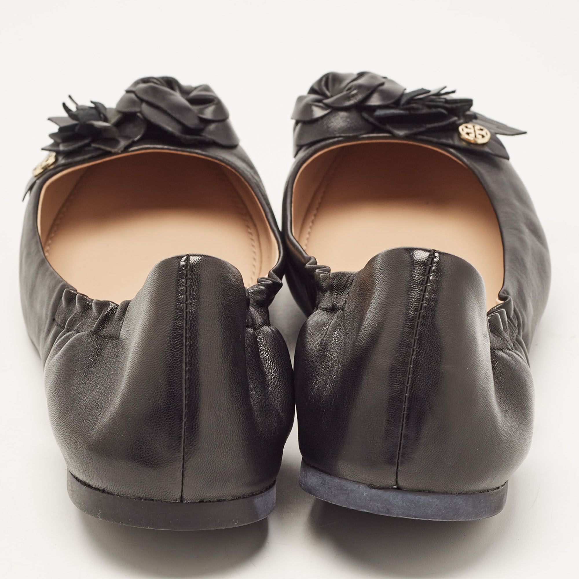Tory Burch Black Leather Blossom Ballet Flats Size 39.5