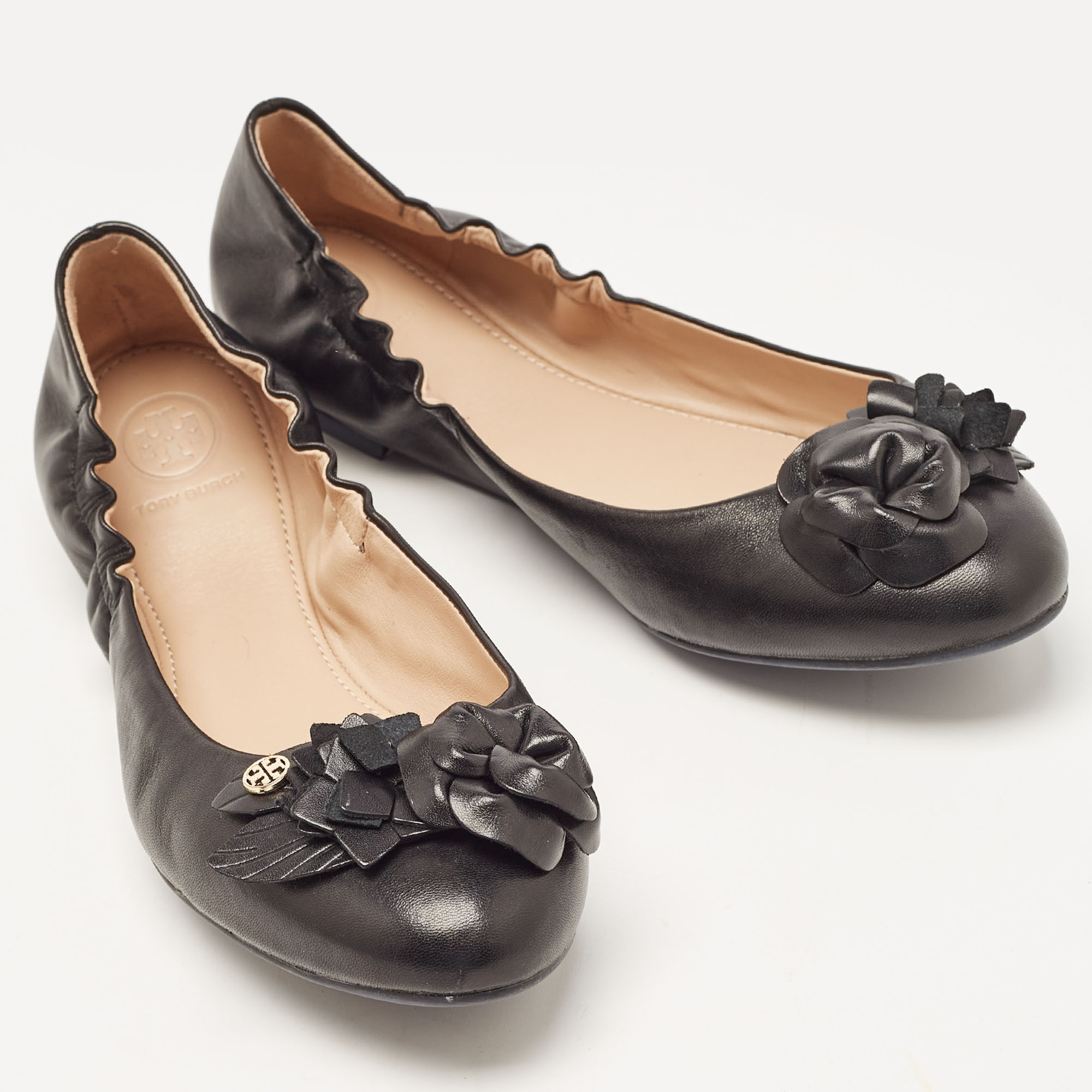 Tory Burch Black Leather Blossom Ballet Flats Size 39.5