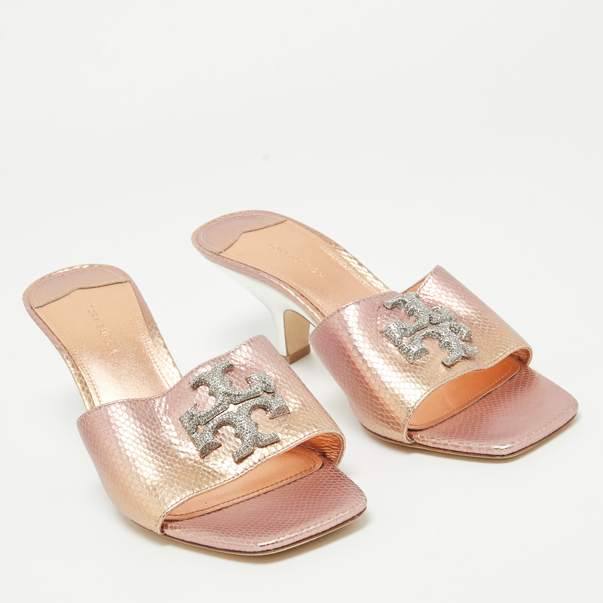 Tory Burch Rosegold Lizard Embossed Leather Ines Slides Size 39.5