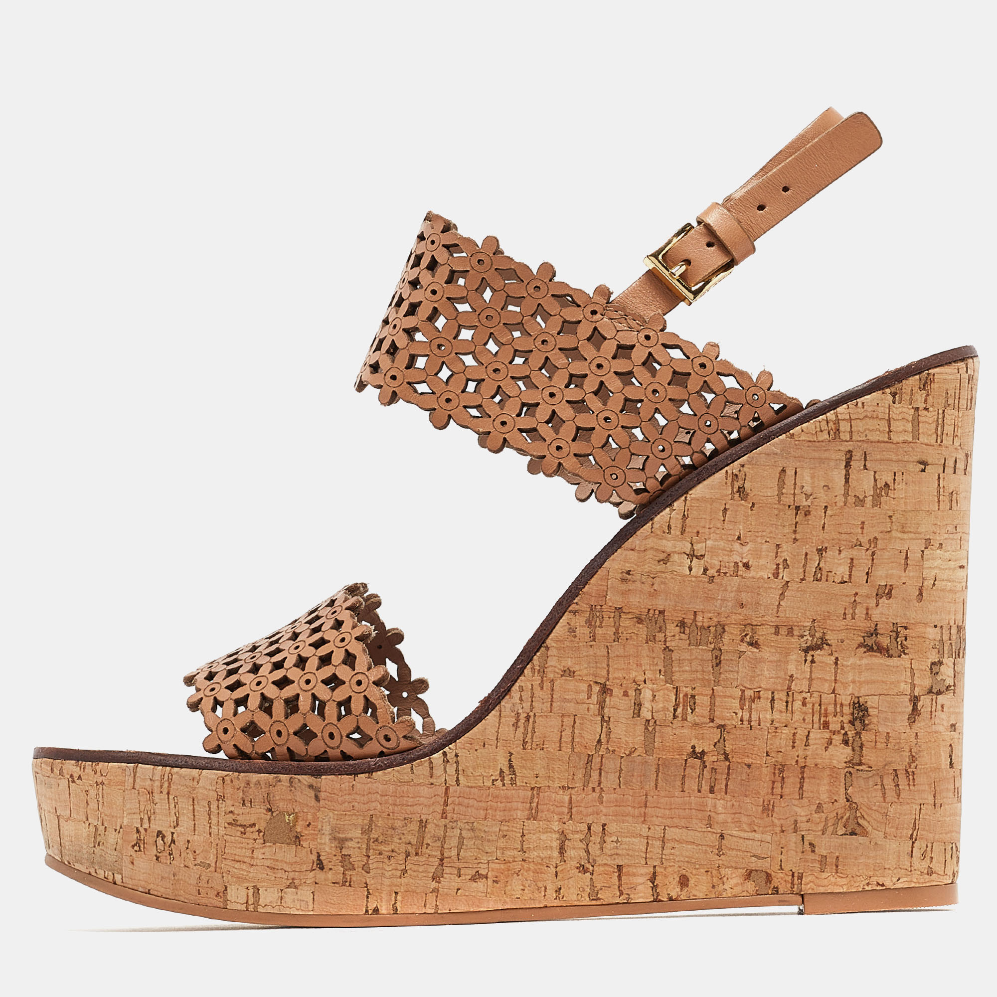 Tory burch beige perforated leather daisy cork wedge sandals size 41