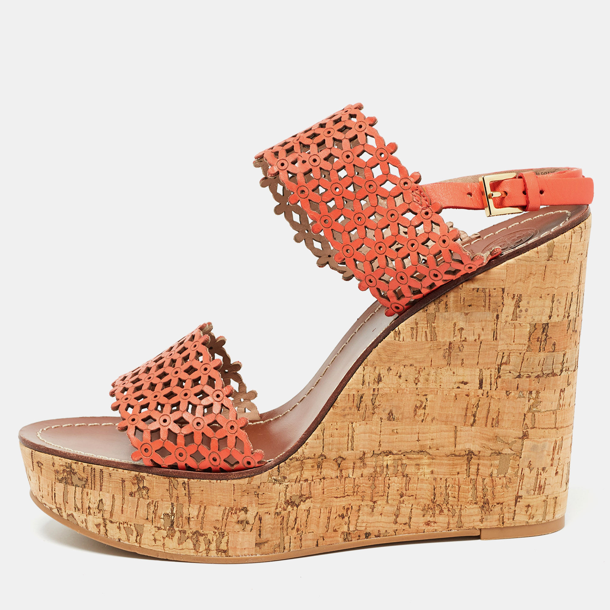 Tory burch orange perforated leather daisy cork wedge sandals size 41.5