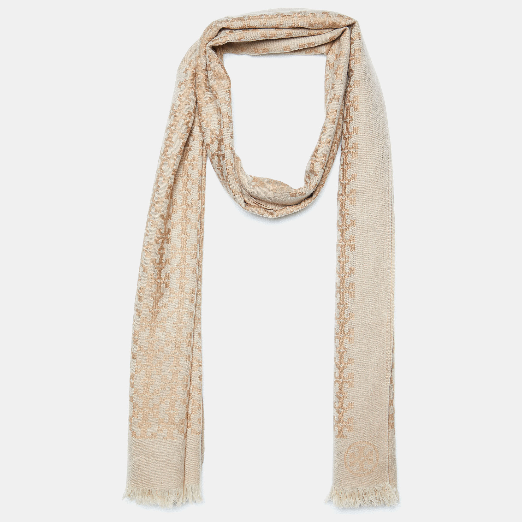 Tory burch beige logo jacquard wool fringed scarf