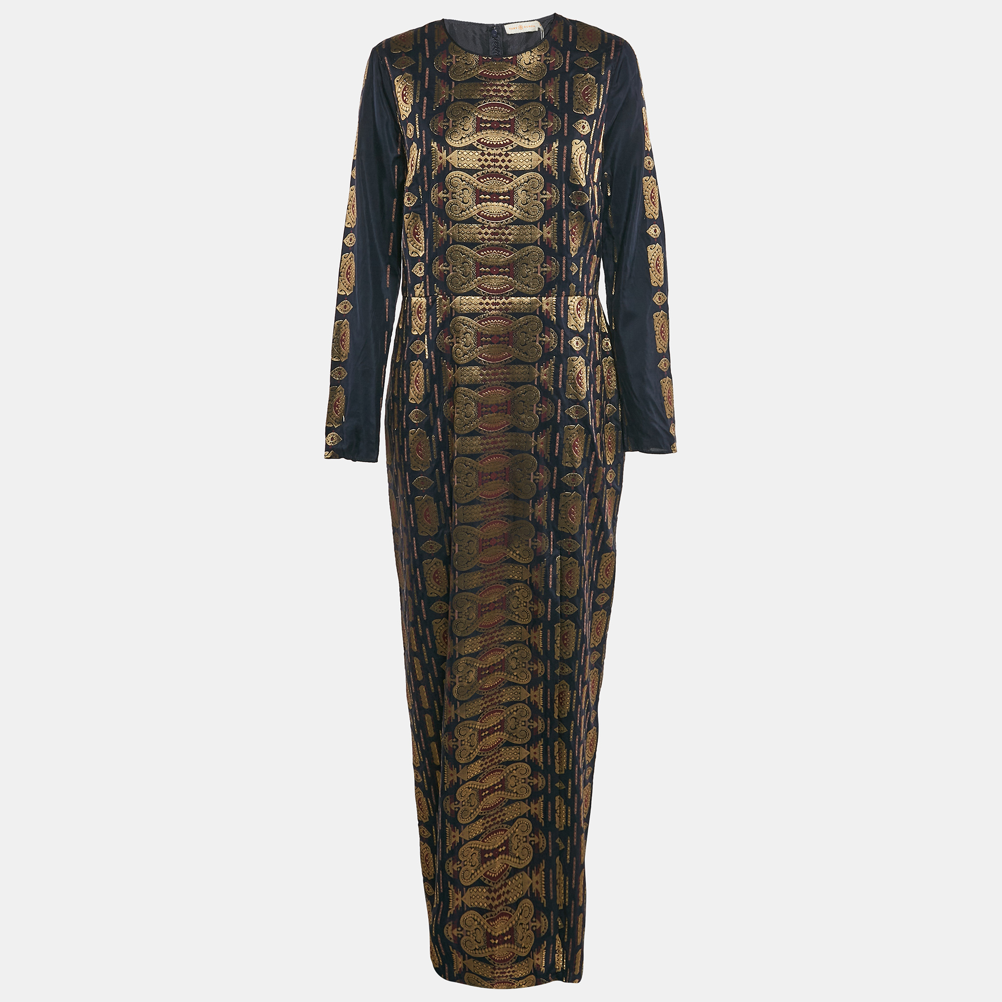 Tory Burch Navy Blue Lurex Jacquard Long Sleeve Maxi Dress L