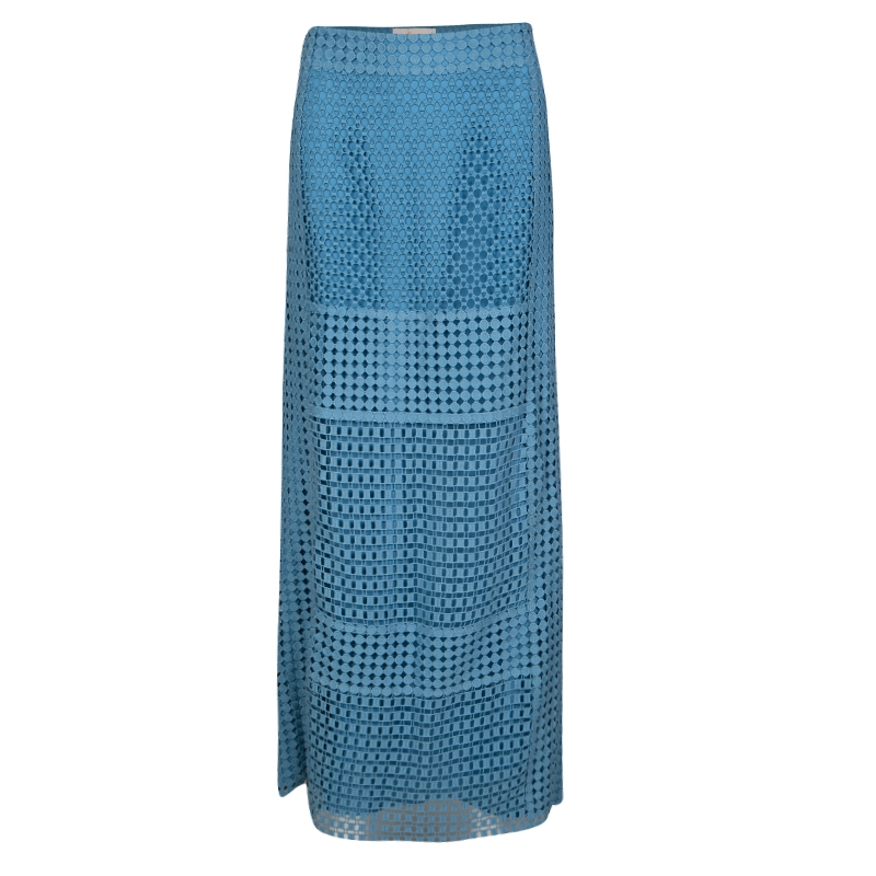 Tory Burch Blue Crescent Guipure Lace Slit Detail Maxi Skirt S