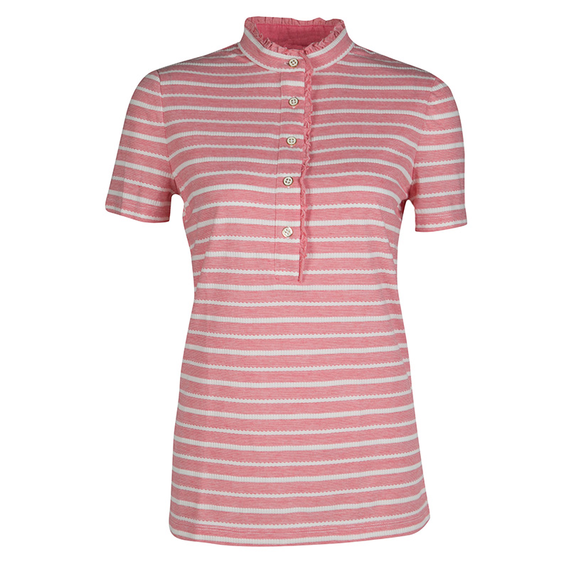 Tory Burch Pink And White Striped Knit Ruffle Detail T-Shirt S