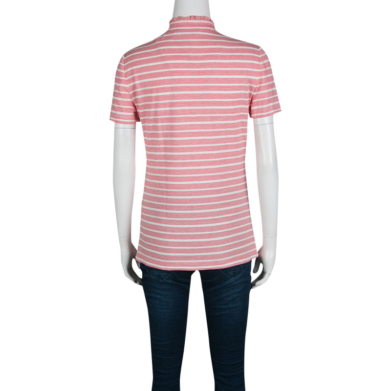 Tory Burch Pink And White Striped Knit Ruffle Detail T-Shirt S