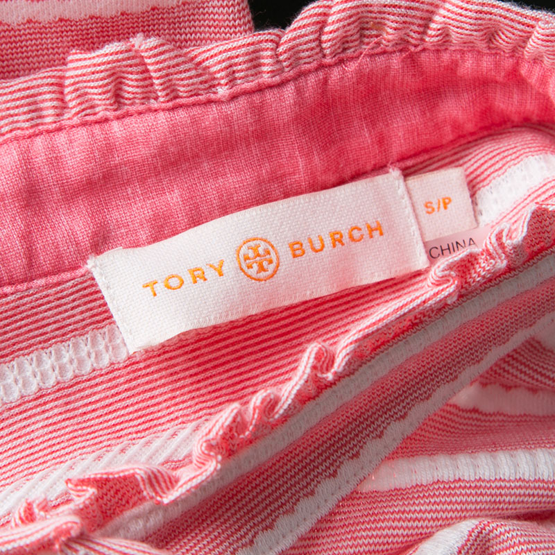 Tory Burch Pink And White Striped Knit Ruffle Detail T-Shirt S