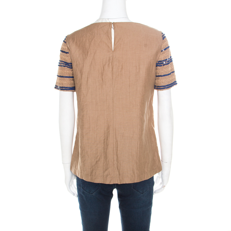 Tory Burch Beige Wooden Bead And Sequin Embellished Theresa Top S