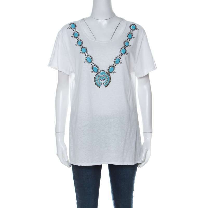 

Tory Burch White Cotton Turquoise Bead Embellished T Shirt