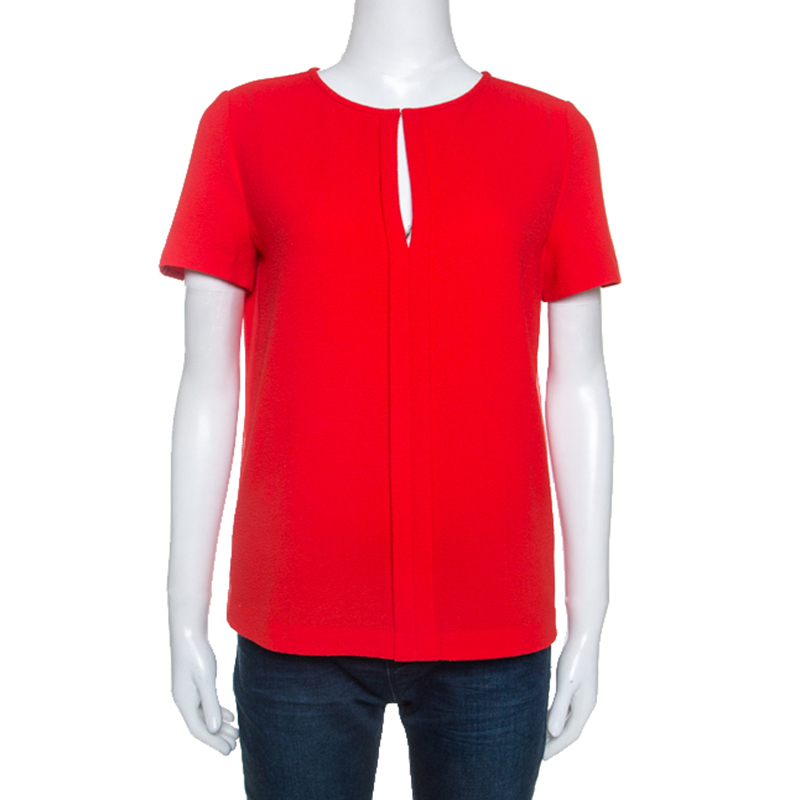 Image of Tory Burch Red Textured Crepe Keyhole Detail Top S