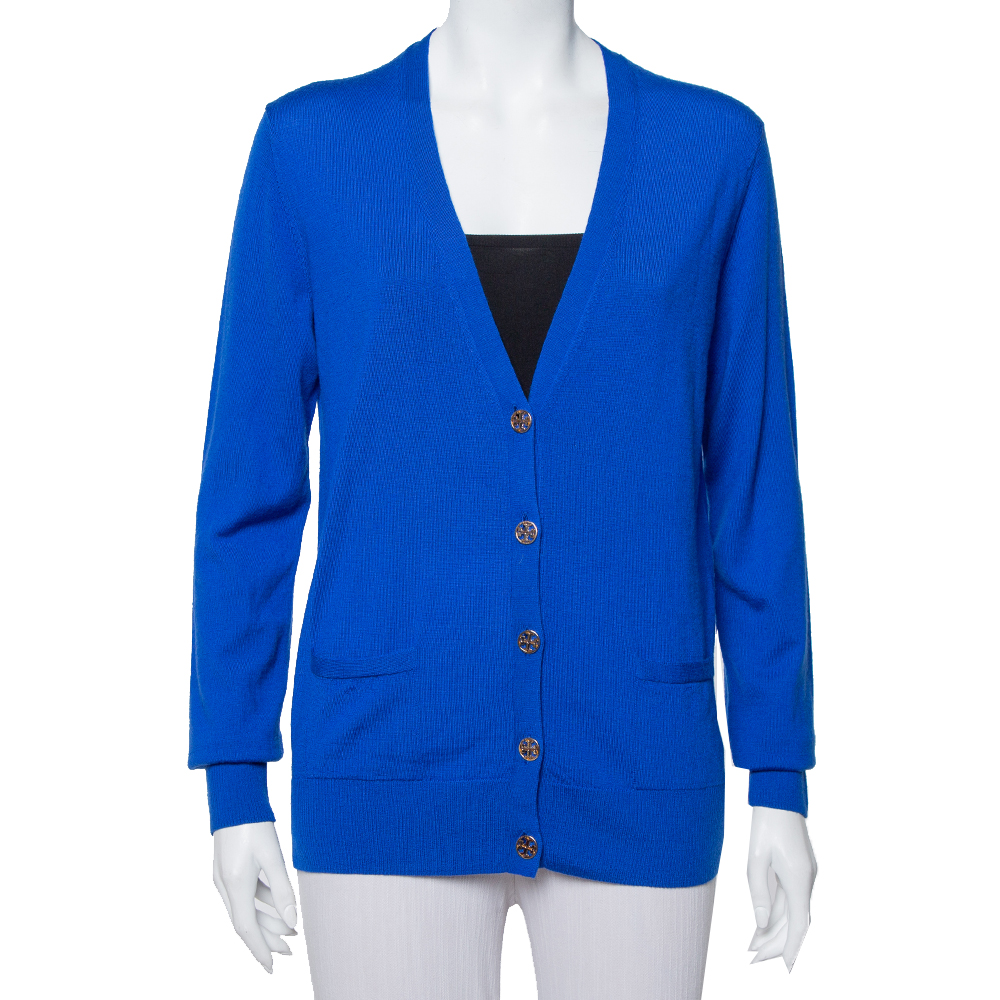 Tory Burch Royal Blue Wool Button Front Madeline Cardigan L