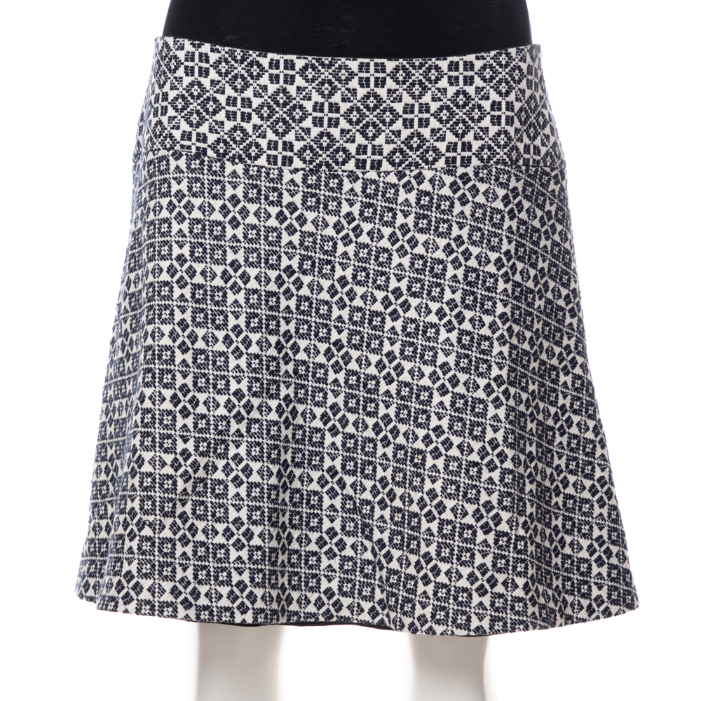 Tory Burch Navy Blue & White Textured Cotton Geometric Embroidered Burlap Mini Skirt M