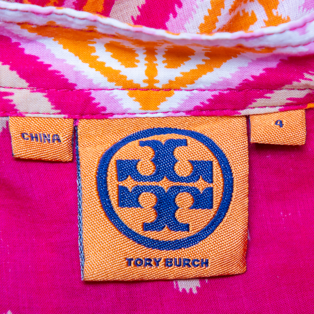 Tory Burch Pink Batik Printed Cotton Embellished Oversized Top S
