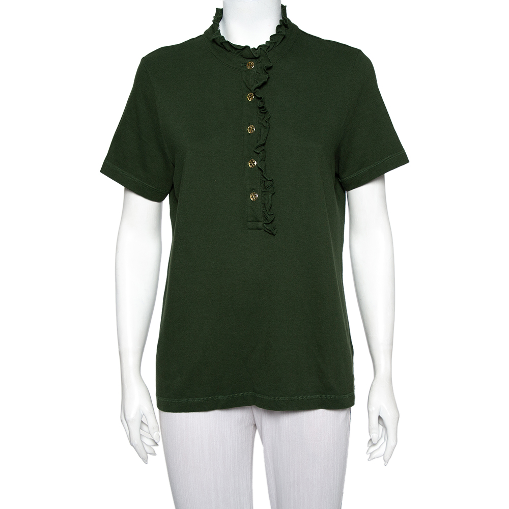 Tory Burch Olive Green Cotton Pique Ruffled Lidia T-Shirt XL