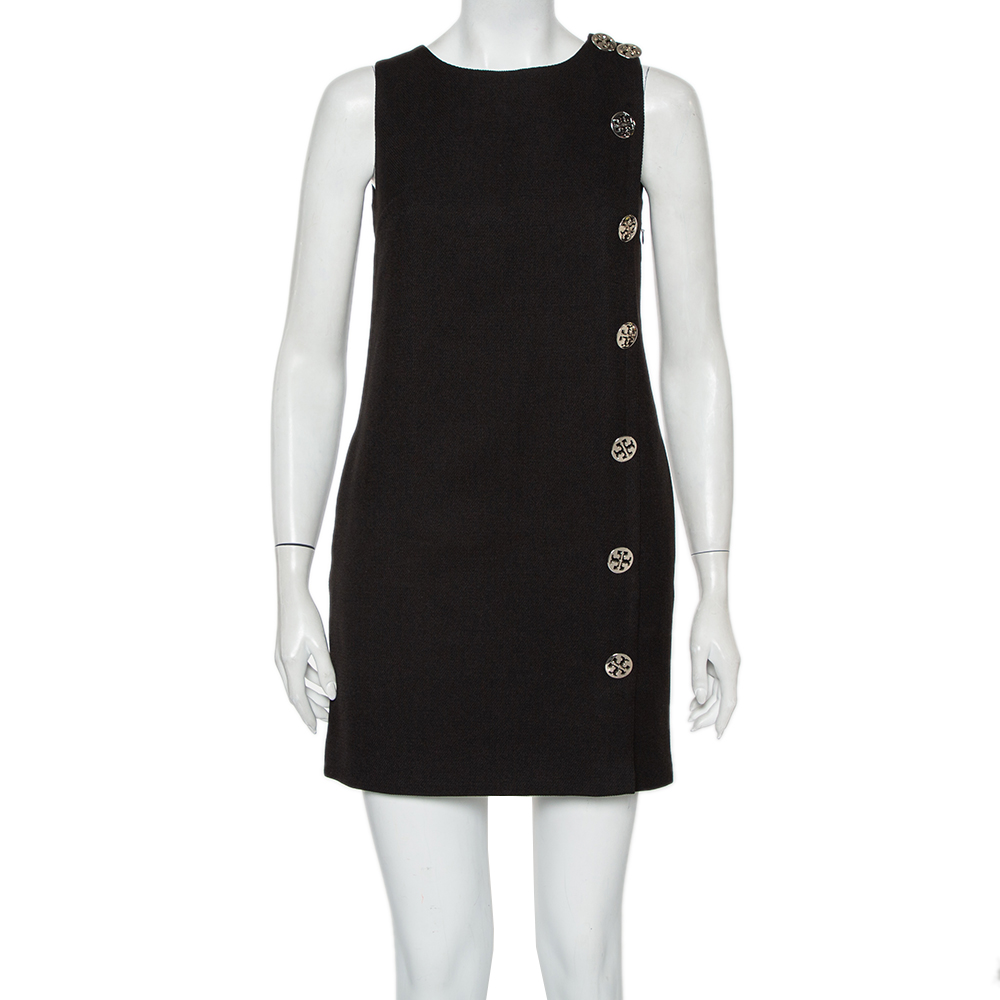 Tory Burch Black Wool Button Detail Sleeveless Shift Dress M